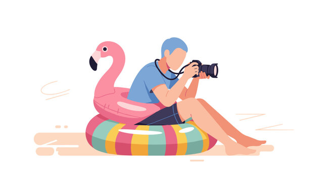 Man on summer holiday takes photo sitting on colorful inflatable flamingo raft at beach with camera wearing blue shirt and black shorts.