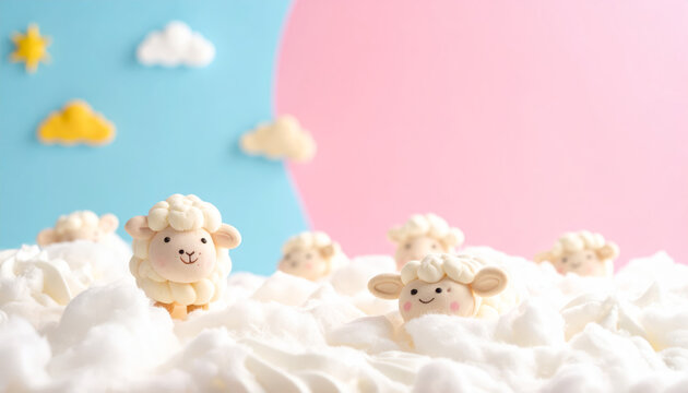 Adorable fluffy sheep figures nestled in soft clouds with a pastel sky background
