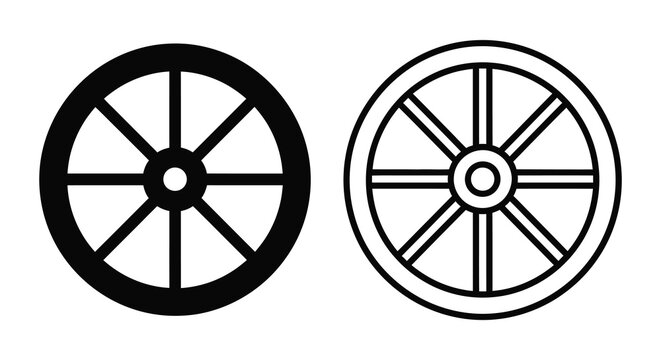 Two wagon wheels black and white line art silhouette