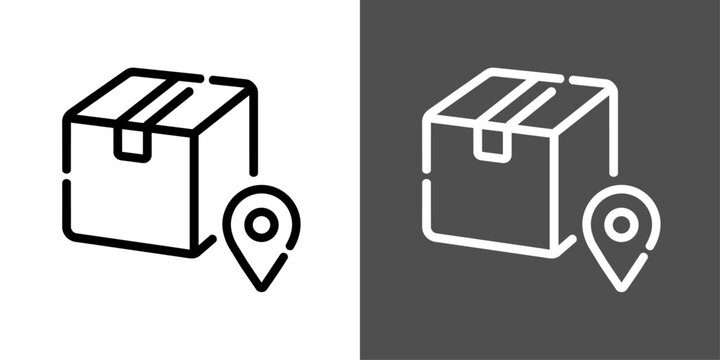 荷物と位置情報ピンのモノクロ線画アイコンビジュアル