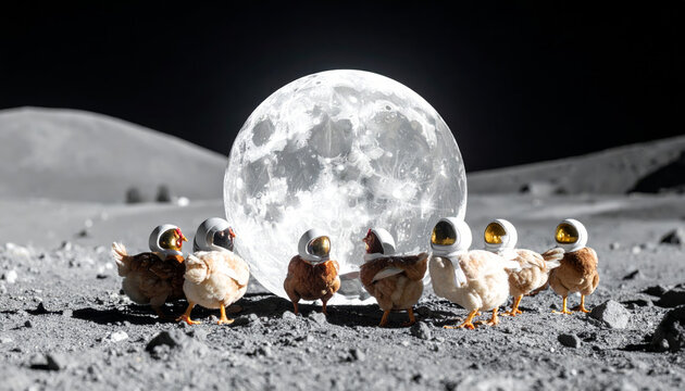 Flock of Chickens in Astronaut Helmets Exploring a Giant Moon Surface