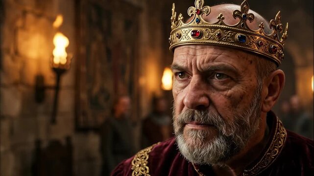 Dramatic biblical moment featuring angry King Herod Antipas wearing a gold crown and dark red royal robes intensely demanding a divine miracle during a tense interrogation of Jesus Christ