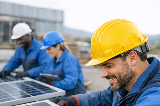 A group of hard-working individuals in blue safety helmets and uniforms install solar panels at a facility. Their collaboration shows the importance of teamwork in renewable energy projects.
