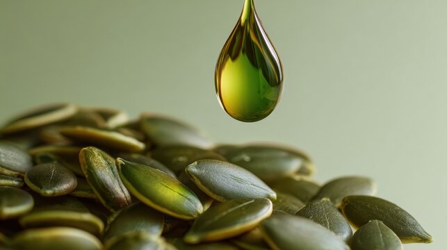 Pumpkin seed oil droplet over pepitas close up macro image of green oil on seeds for packaging label background and natural product design