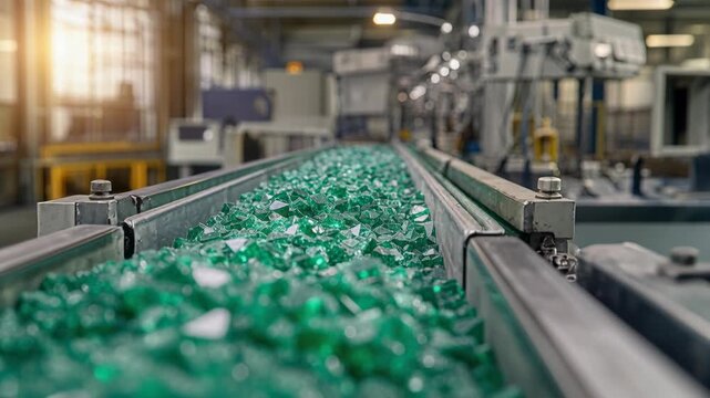 A close up view of a conveyor belt filled with faceted emerald green glass gems in a factory.