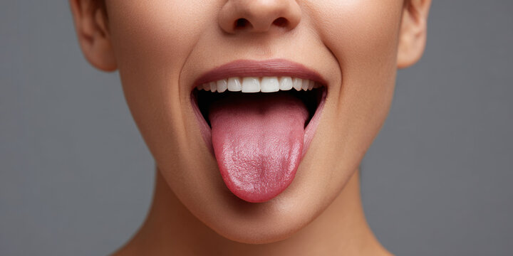 Tongue out closeup of pink tongue and mouth on neutral background, dental health concept with human lips and teeth