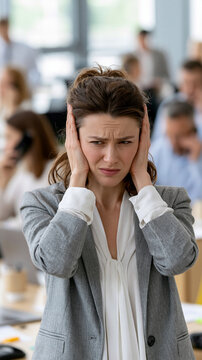 Overwhelmed in the Office: A woman in a business suit covers her ears with her hands, her face contorted in distress amidst a bustling, noisy office environment.