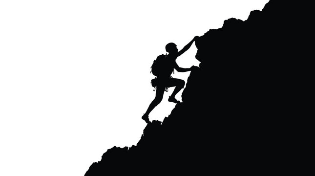 Silhouette of a determined rock climber ascending a steep mountain face in this dramatic outdoor photograph