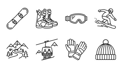Fototapeta premium Snowboarding winter sports line art icon set including equipment, mountain landscape, and action elements