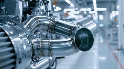 Fototapeta premium Medium shot showcasing stainless steel exhaust fabrication with shiny pipe bending seamless welds and muffler attachment in a clean production environment.