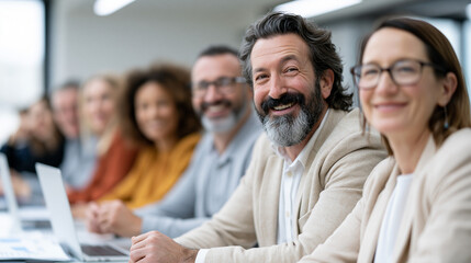 Fototapeta premium Diverse Team in a Meeting: A line of diverse professionals sit at a conference table, laptops open, smiling and engaged in a productive business meeting.