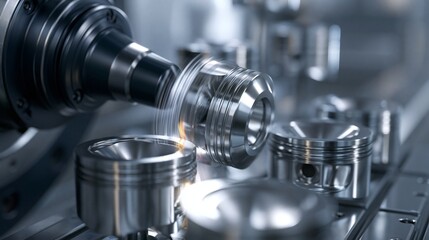 Naklejka premium Twinspindle CNC machining process focused on simultaneous milling and turning of automotive pistons highlighting synchronized operations and highefficiency manufacturing