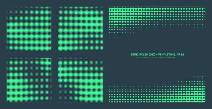 Assorted vector retro styled checkered semi circle scales mint green halftone pattern set in square 1:1 aspect ratio including smooth edges border and various fluid textures. Half tone design elements
