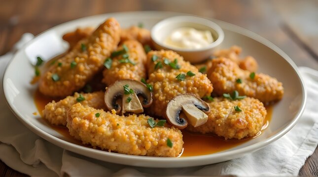Close-up of crispy fried chicken strips served with sliced mushrooms and creamy dipping sauce on a white plate. 