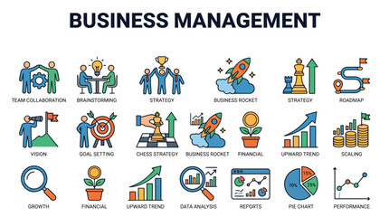 Fototapeta premium Colorful set of business management icons illustrating various strategies and growth concepts for professional corporate presentations