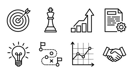 Naklejka premium Business development concept icons set illustrating strategy, growth, ideas, success, planning, and partnership elements