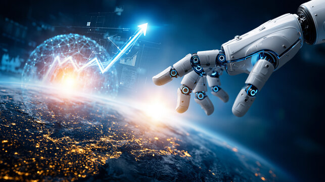 Robotic Hand Touching Earth: A futuristic robotic hand reaches out to touch the planet Earth, symbolizing the advancement of artificial intelligence and technology's impact on global progress.