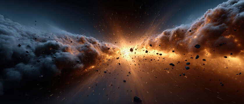 Cosmic explosion dust particle mineral fragment space cloud bright light dark background debris field abstract scene celestial event energy burst orange glow blue cloud black space floating rock