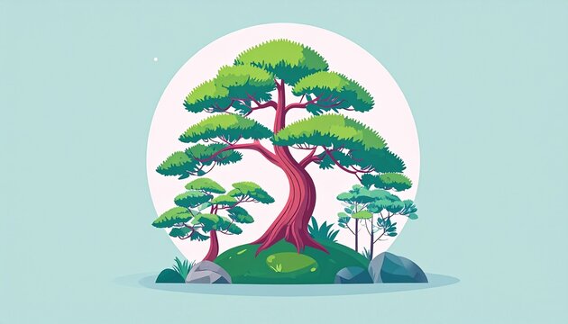 苔むした大地に屹立する太古の大木と原生林のフラットイラスト・深緑とパステルの幻想景観