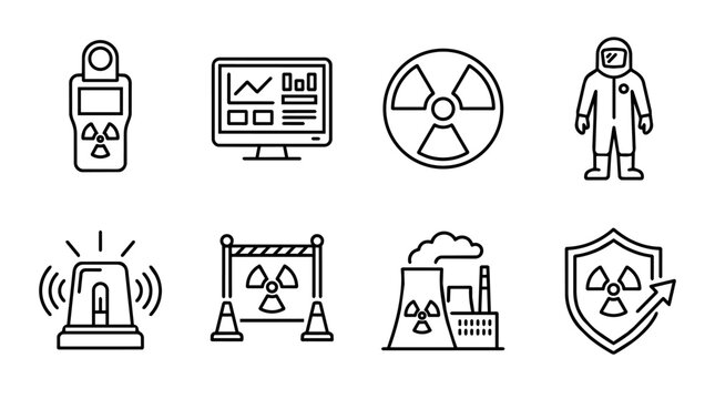 Radiation and nuclear safety icons set, including geiger counter, power plant, hazmat suit, alert, and shield concepts