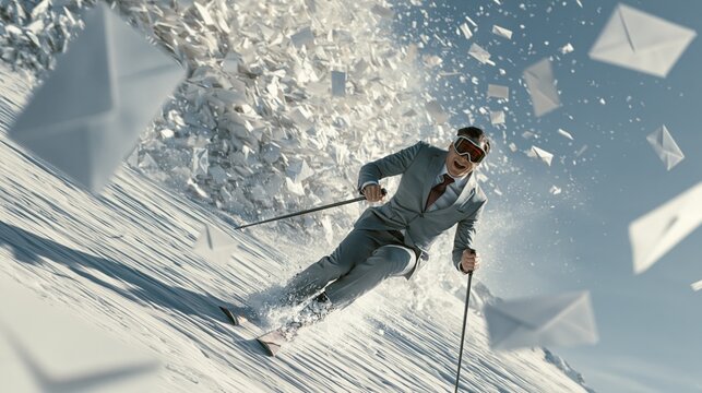 Exhilarated Businessman in a Suit Skiing Through a Surreal Landscape of Flying Papers