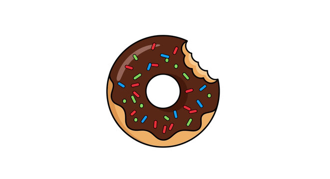 A delicious chocolate frosted donut with colorful sprinkles, with a bite missing