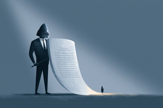 Surreal Concept of a Confident Lawyer in a Business Suit Standing Over a Collapsed Document, Showcasing Authority and Power in a Dreamlike Environment