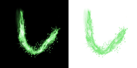 Fototapeta premium Curved green light streak with particles and glowing sparkles on black and white backgrounds isolated on a transparent background