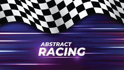 Obraz premium Waving checkered racing flag with speed lines and abstract purple background