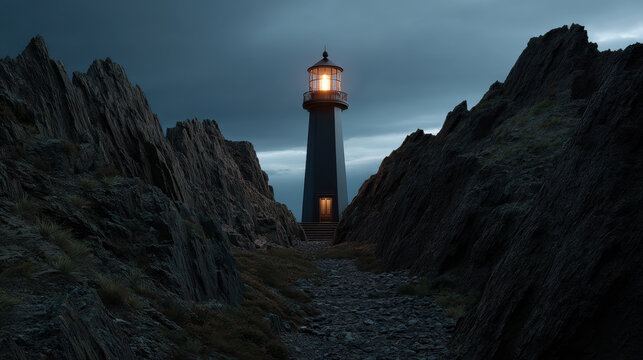 Dark lighthouse rocky cliff stormy sky coastal landscape twilight scene glowing lantern narrow path dramatic light sea cliff dark rock