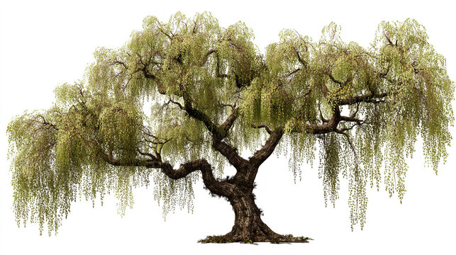 Green weeping willow tree with full foliage and graceful drooping branches