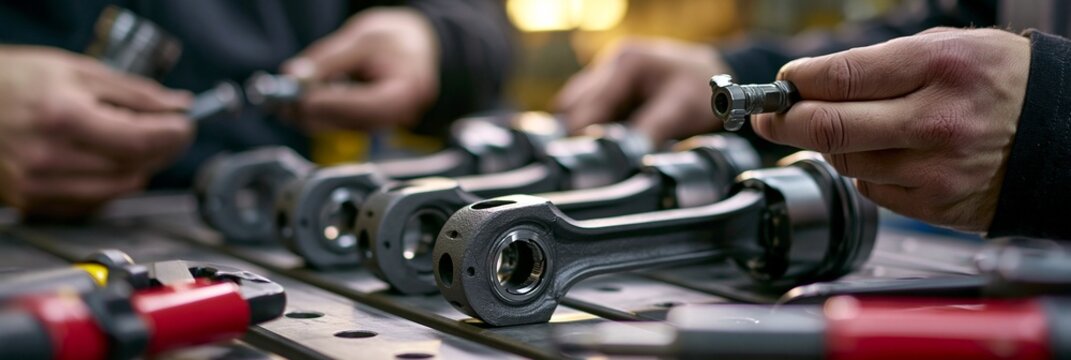 Medium angle capturing powdered metal connecting rods paired with caps showcasing workers preparing fasteners and adjusting torque tools during engine assembly.