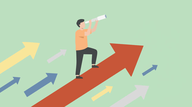 Man with telescope on rising arrow, visualizing future business growth and success