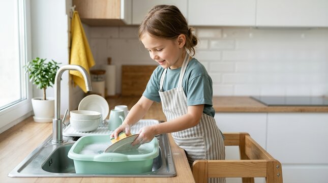 Young girl washing dishes in kitchen sink. Child in apron helping with housework on learning tower. Domestic life and childhood independence concept