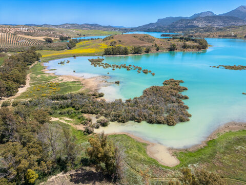 Aerial view of the turquoise waters of the Conde de Guadalhorce reservoir surrounded by lush green hills and yellow wildflowers under a clear blue sky in Ardales, Andalusia, Spain.