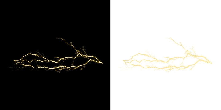Yellow lightning bolt discharge with matching silhouette on a white background isolated on a transparent background