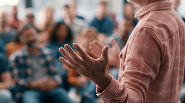 Dynamic mediumwide eyelevel view of a persuasive speaker using open palm gestures during a community forum highlighting the speaker sharply against a softly blurred backdrop of