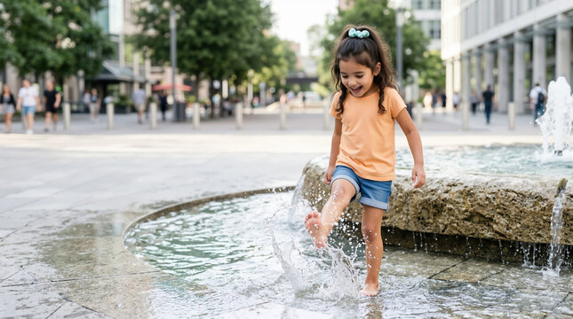 Little girl splashing barefoot in a shallow city fountain. Happy child playing with water in an urban plaza on a sunny summer day. Outdoor fun and cooling off concept