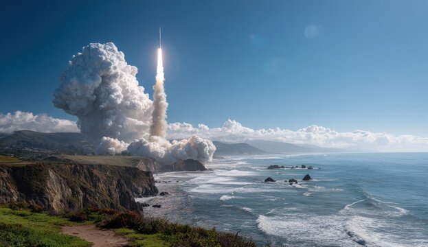 Missile launch with bright white flame and dense cloud trail exploding from ground into clear blue sky