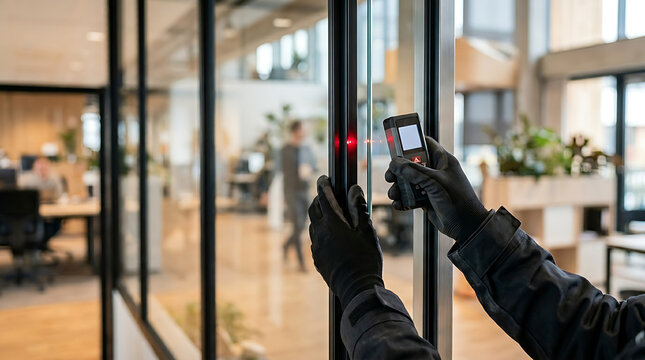 Person in gloves using a thermal scanner in a modern office space.
