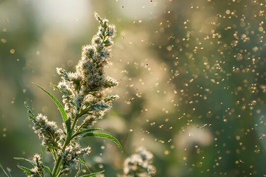 Blooming ragweed plant releases pollen into the air under sunlight during late summer