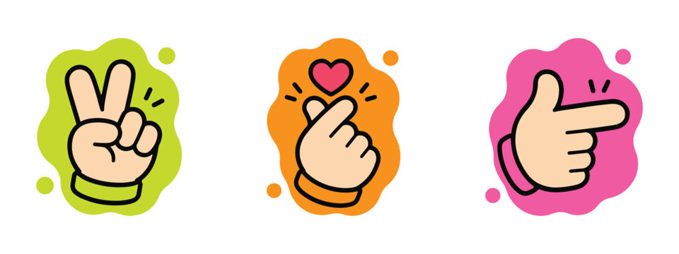 hand gesture icon peace sign finger heart and pointing on color fluid shapes vector illustration