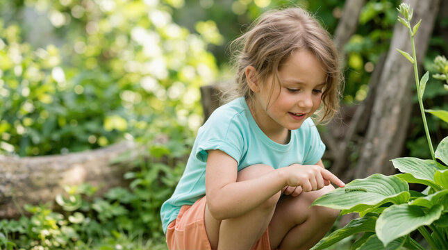 Young girl pointing at a small insect on a green leaf. Curious child exploring nature in a garden. Discovery and environmental education concept