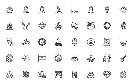 Hindu Wedding icon set. Traditional Indian wedding vector icons pack. Minimalist line art. Includes Doli, Kalasha, Groom, Bride, Baraat, Mehndi, Mandala, Sari, Turmeric, Ganesha, Fire, and more. Edita