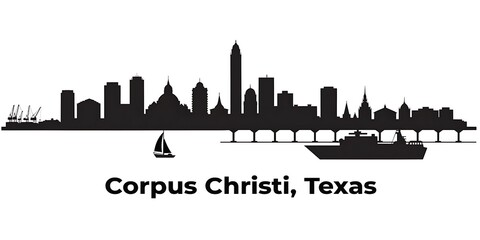 Fototapeta premium Corpus christi texas city skyline silhouette with bridge sailboat ship black and white travel destination texas coast gulf coast port city silhouette cityscape architecture