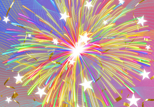 Fondo abstracto festivo con explosi&oacute;n de fuegos artificiales multicolores, estrellas brillantes, confeti dorado y destellos de luz para celebraciones y eventos.
