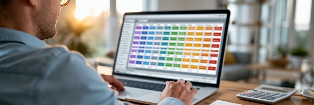 Bright home office scene capturing a recruiter filtering marketing candidates by skill levels on a sleek remote hiring interface emphasized by depth of field and gentle daylight.