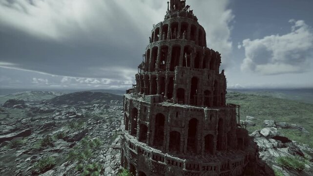 tower monolith rising under dramatic storm clouds, windswept plateaus surrounding base, textured stone faces and deep shadow creating foreboding atmosphere