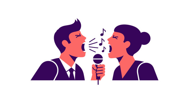 Singing duet illustration man and woman with microphone music notes on white