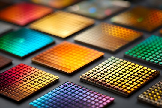 A vibrant collection of colorful square chips with intricate textures, arranged in a grid pattern on a dark surface. Each chip reflects light.